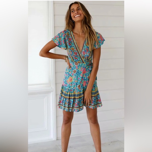 Polly V-Neck Floral‎ Print Ruffle Wrap Mini Dress Blue Pink Bohemian Size 2 - Picture 5 of 16